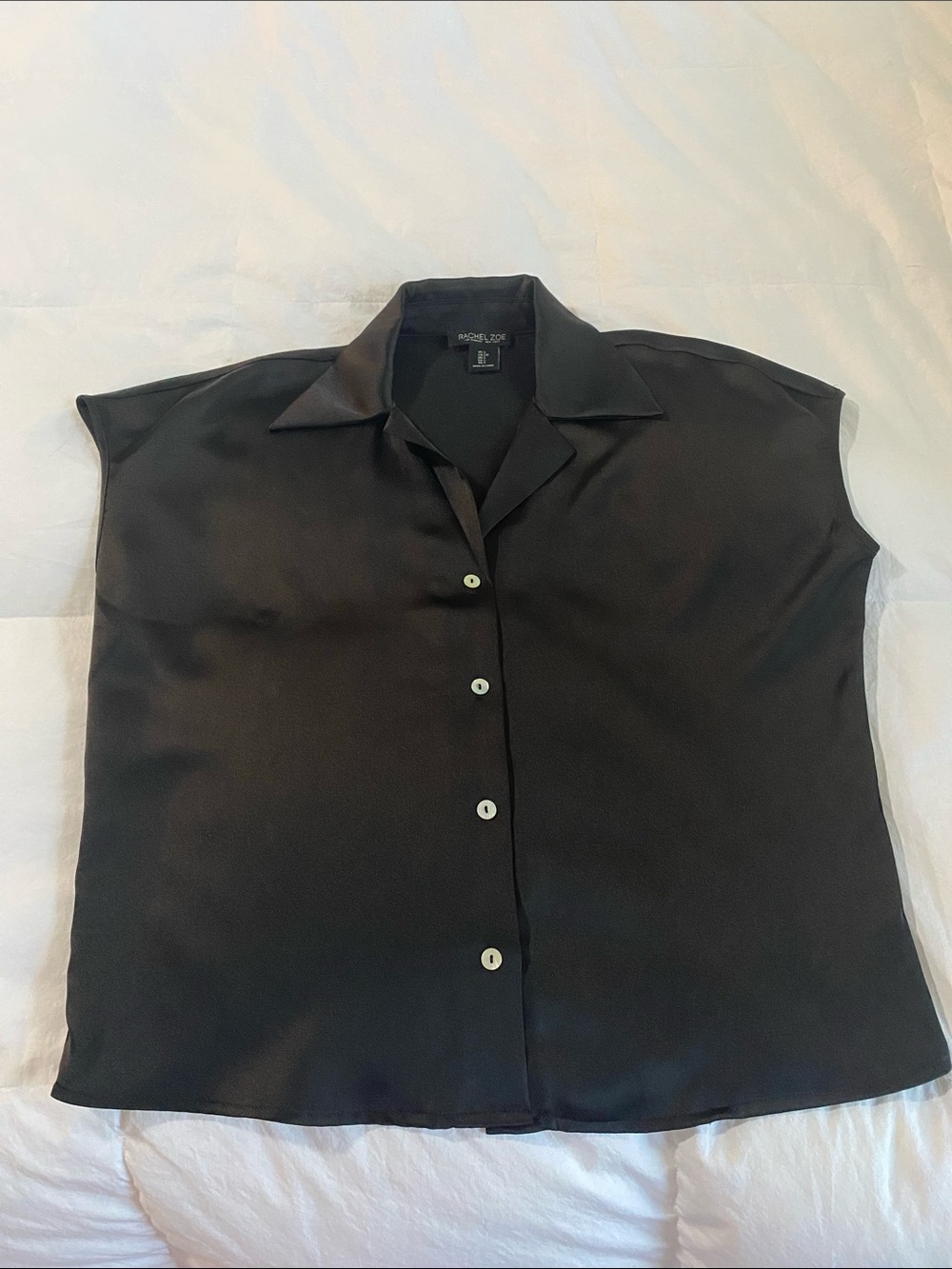 Black Short Sleeve Button-Front Blouse